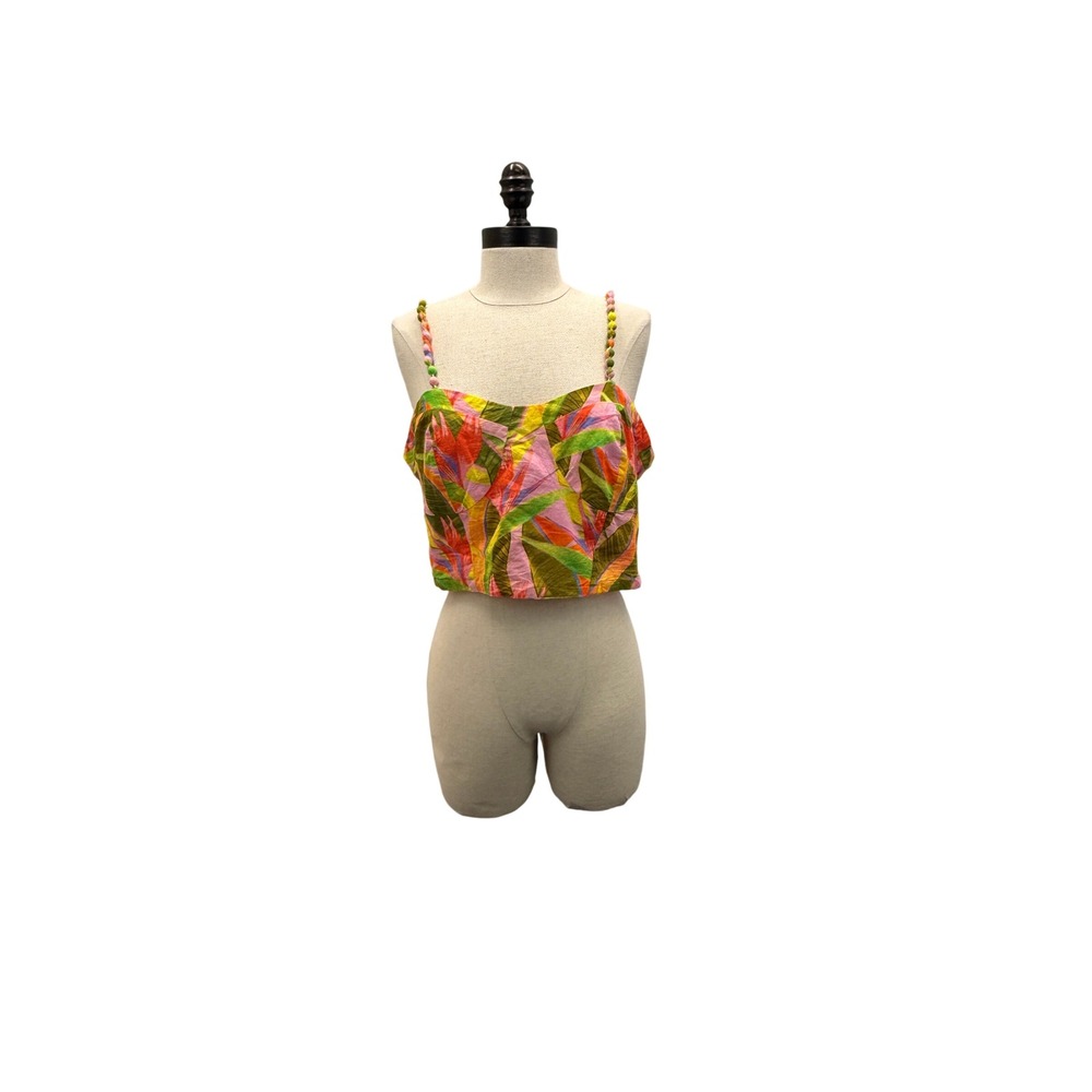 Farm Rio Crop Top Women's Size L Pink Excellent Tropical Beaded Strap Sweetheart